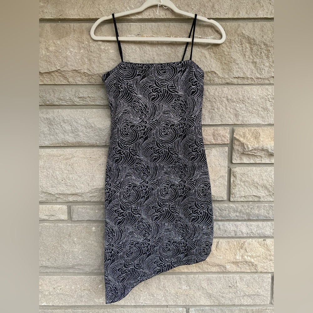 Y2K Black Sliver Sparkle Glitter Swirl Bodycon Mini Asymmetrical Party Dress M